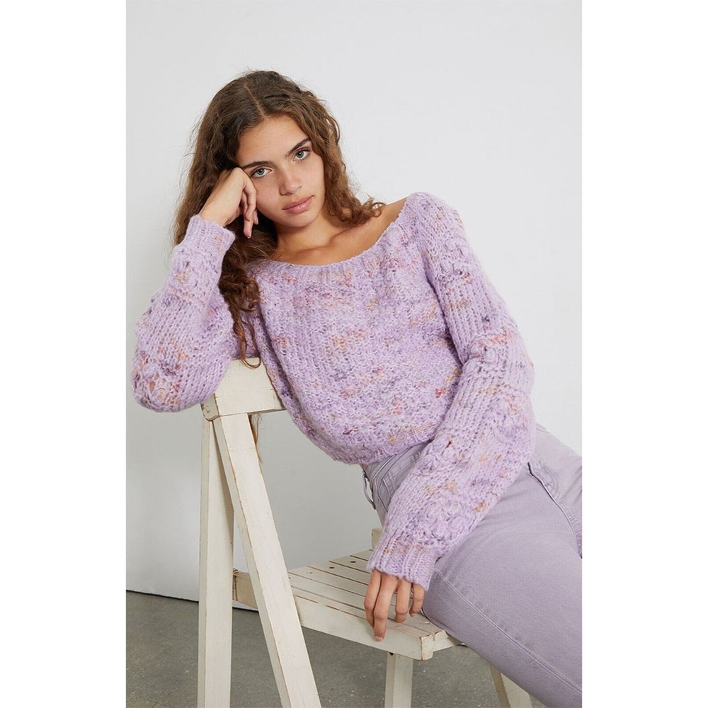 Free People Womens Sunset Cloud Pullover Sweater S Purple Chunky Knit Crop Top